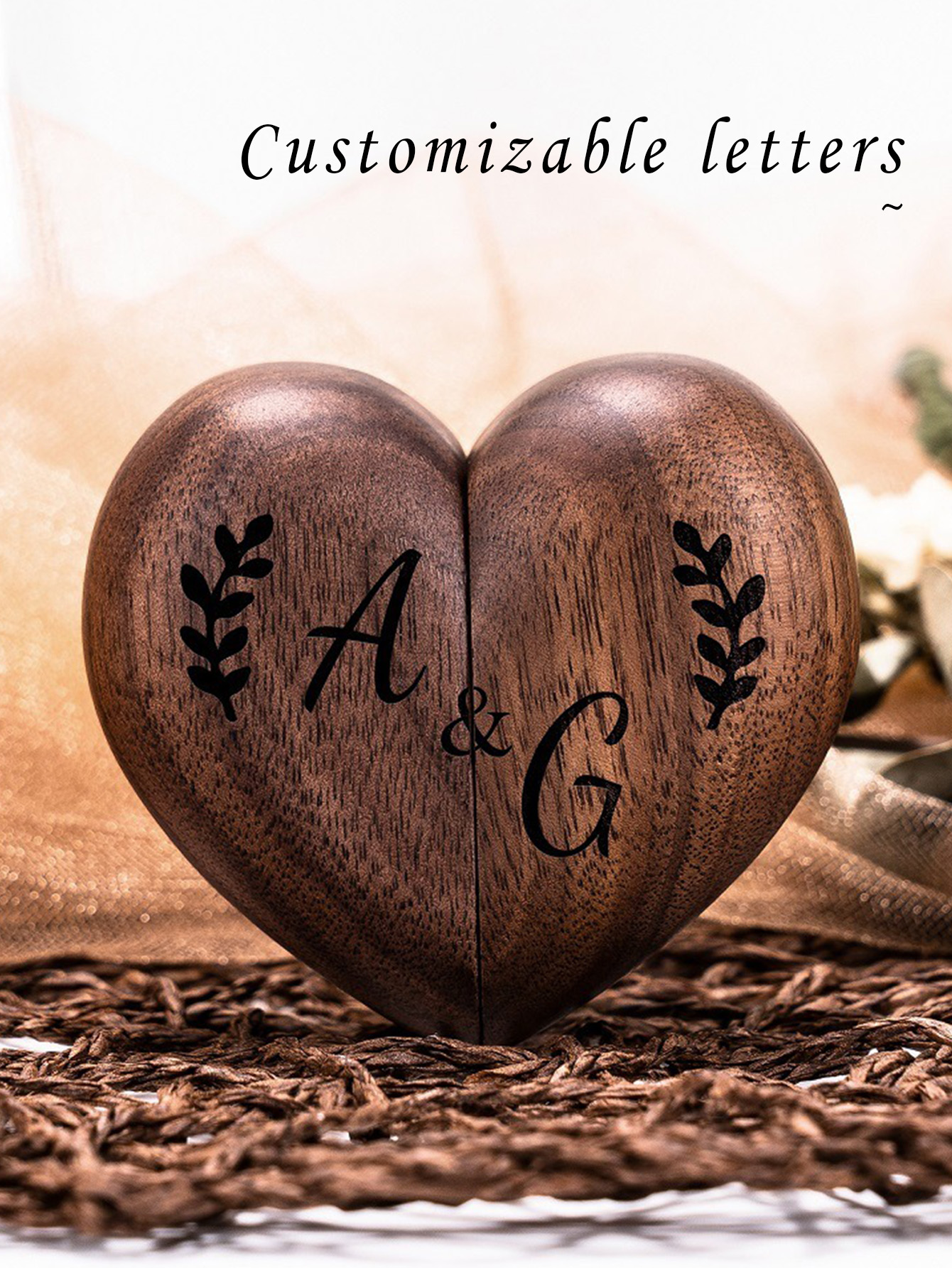 Personalized Heart-Shaped Walnut Ring Box