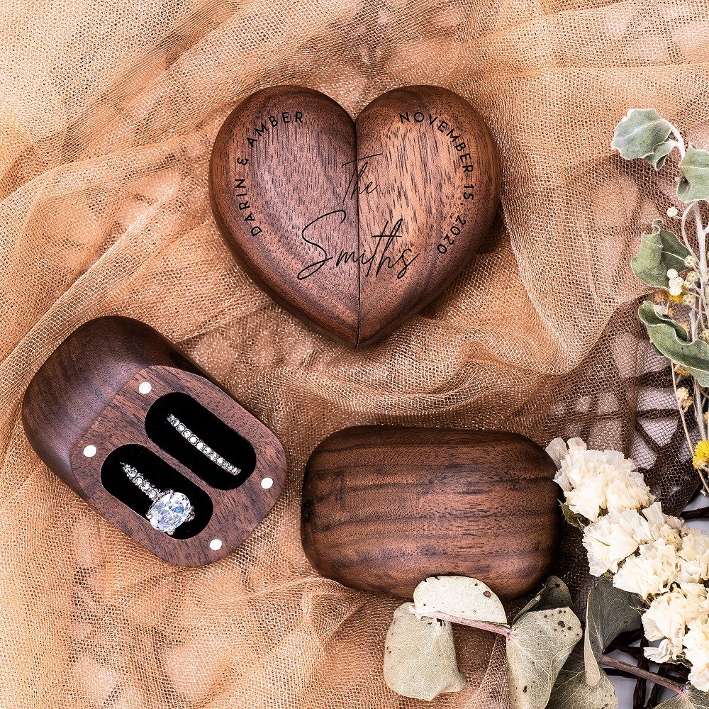 Personalized Heart-Shaped Walnut Ring Box