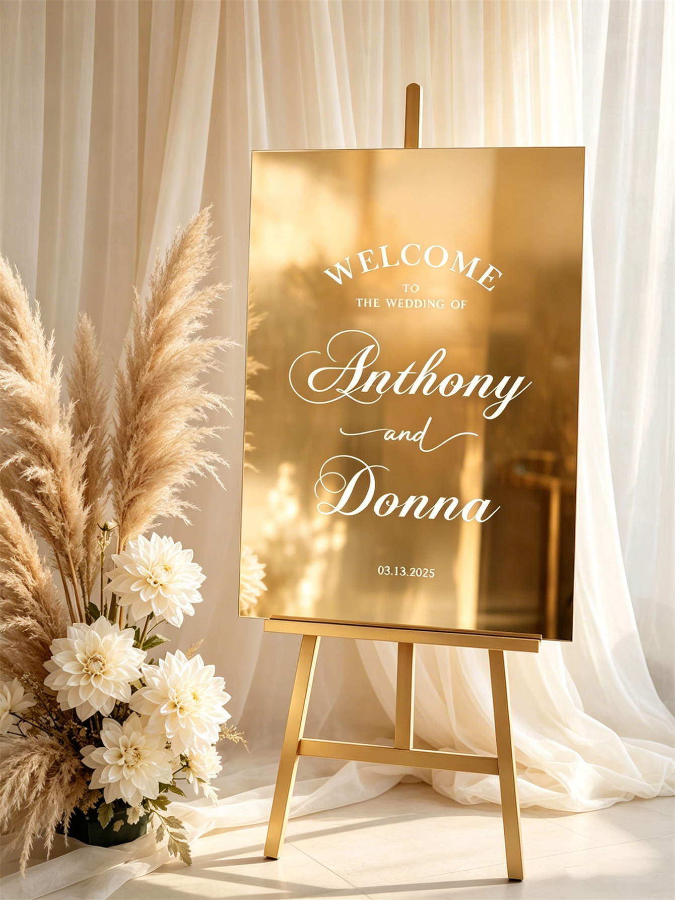Mirror acrylic welcome signs, golden mirror wedding direction signs, custom wedding direction signs, ceremony welcome signs