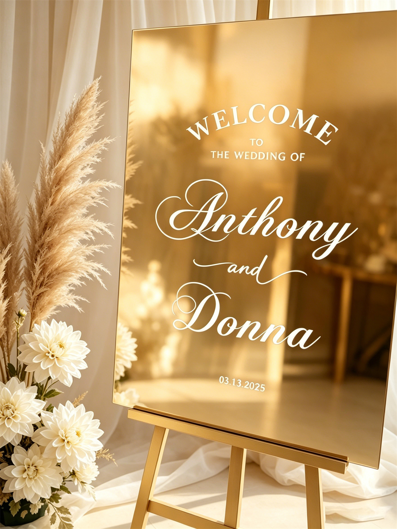 Mirror acrylic welcome signs, golden mirror wedding direction signs, custom wedding direction signs, ceremony welcome signs