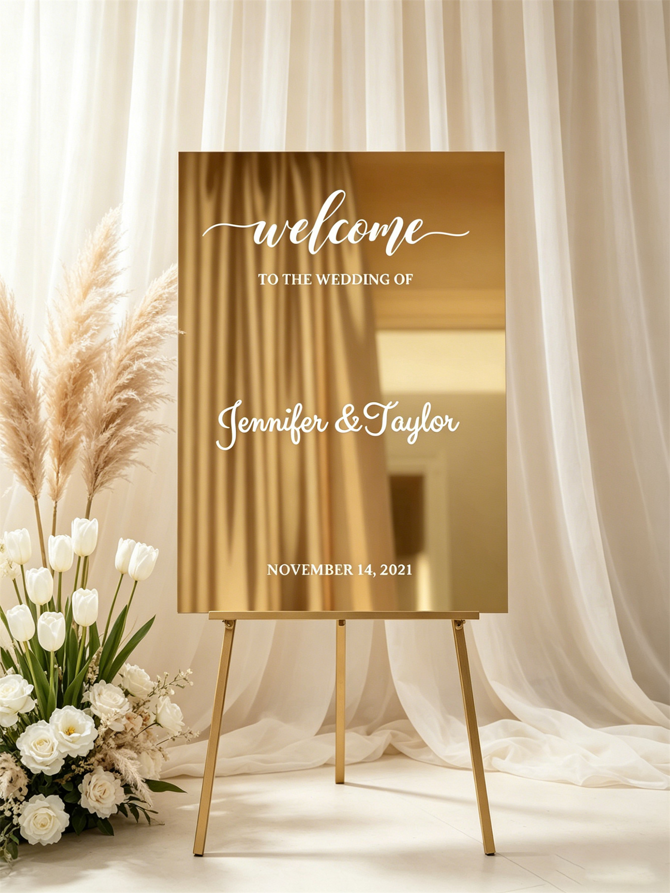 Mirror acrylic welcome signs, golden mirror wedding direction signs, custom wedding direction signs, ceremony welcome signs