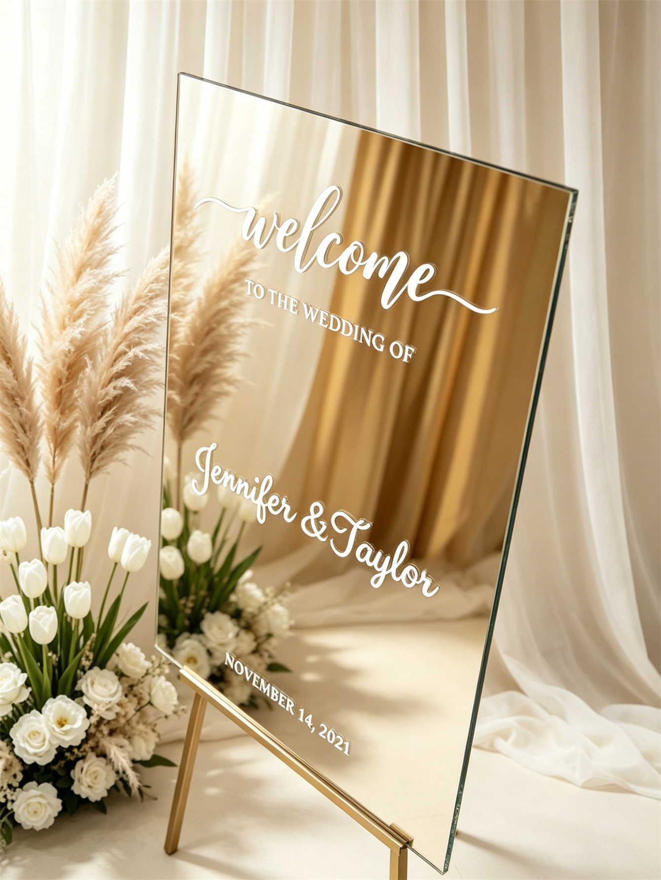 Mirror acrylic welcome signs, golden mirror wedding direction signs, custom wedding direction signs, ceremony welcome signs