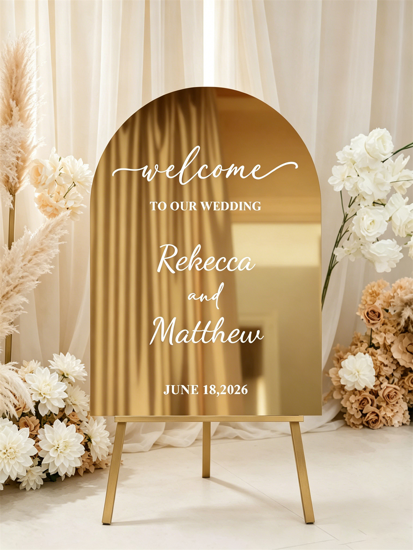 Mirror acrylic welcome signs, golden mirror wedding direction signs, custom wedding direction signs, ceremony welcome signs