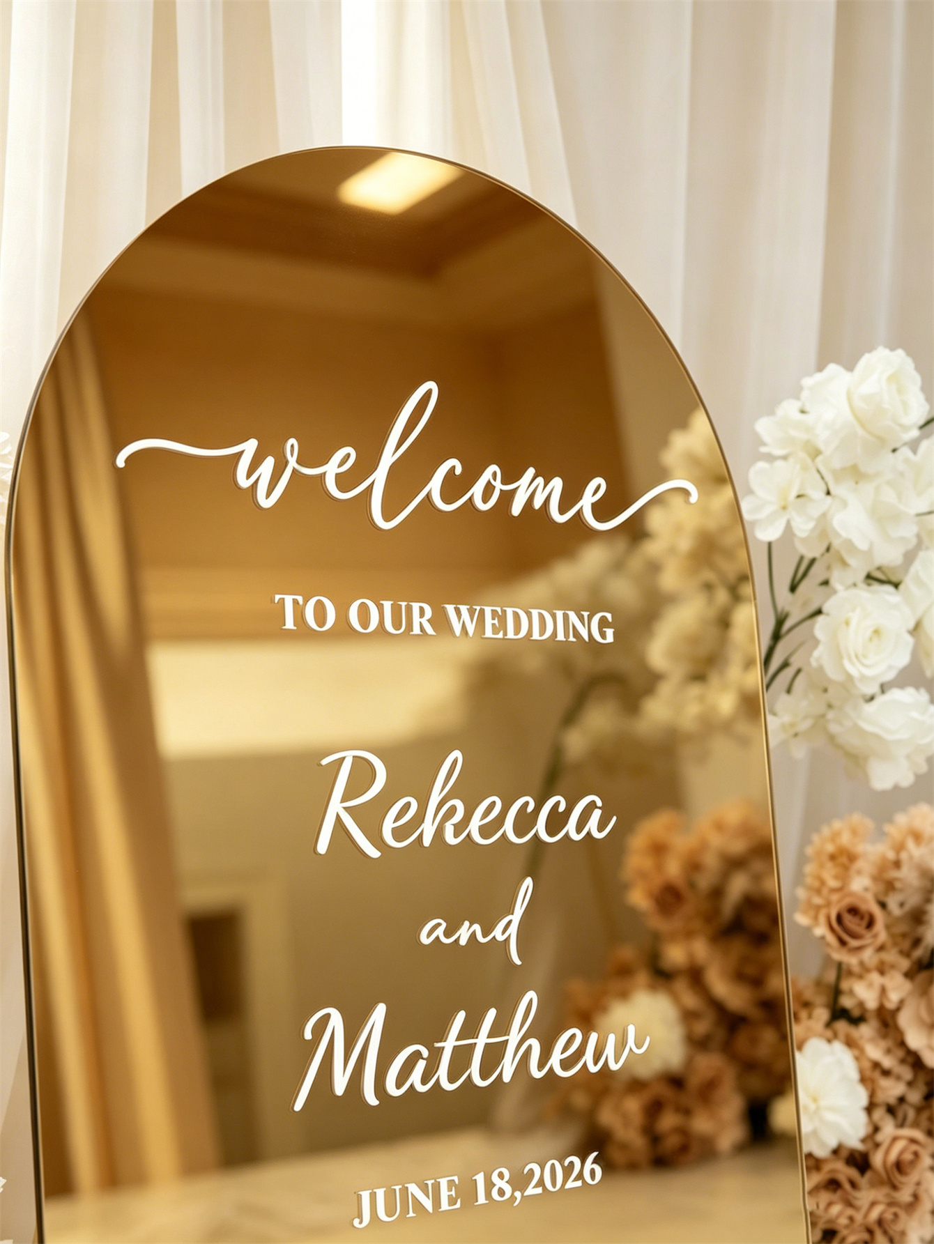Mirror acrylic welcome signs, golden mirror wedding direction signs, custom wedding direction signs, ceremony welcome signs