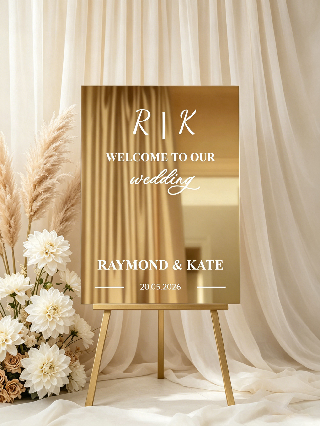 Mirror acrylic welcome signs, golden mirror wedding direction signs, custom wedding direction signs, ceremony welcome signs