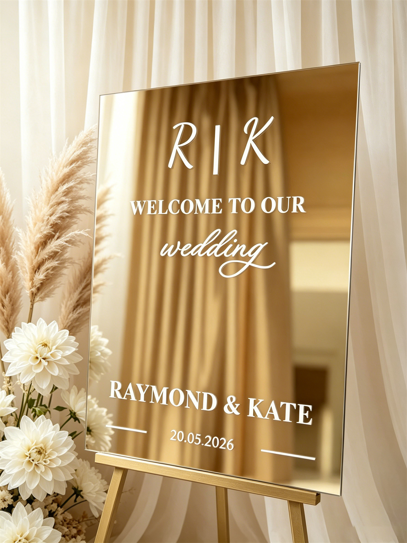 Mirror acrylic welcome signs, golden mirror wedding direction signs, custom wedding direction signs, ceremony welcome signs