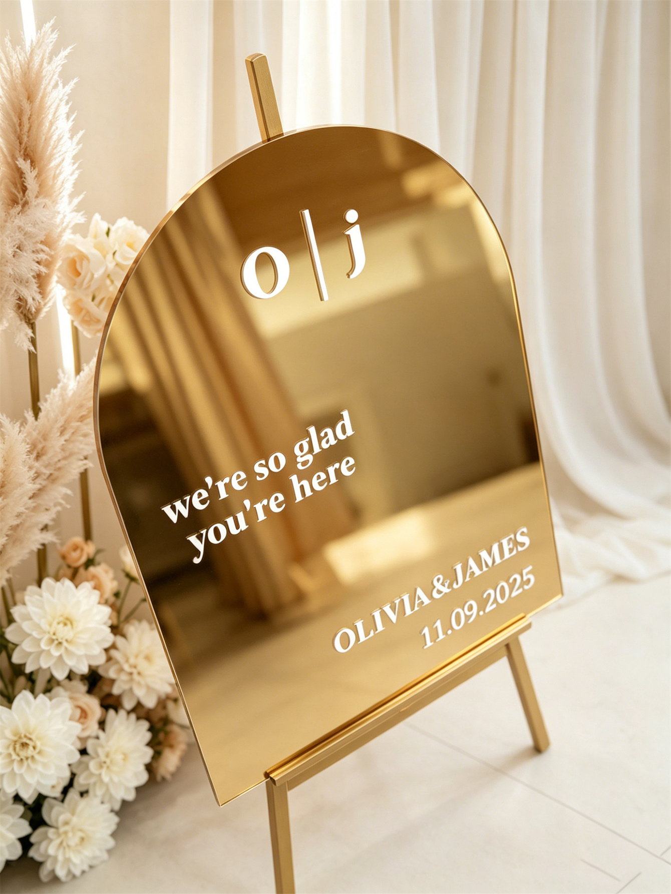 Mirror acrylic welcome signs, golden mirror wedding direction signs, custom wedding direction signs, ceremony welcome signs