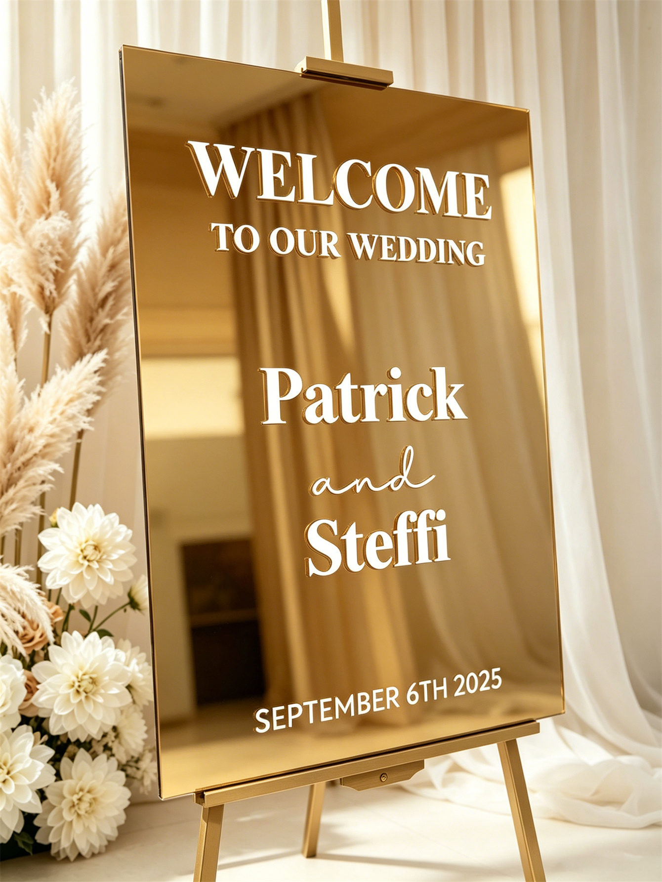 Mirror acrylic welcome signs, golden mirror wedding direction signs, custom wedding direction signs, ceremony welcome signs