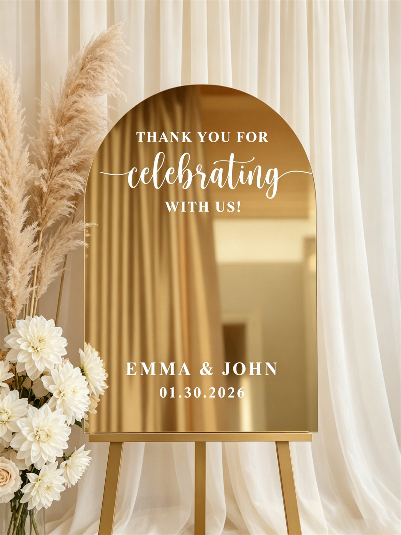 Mirror acrylic welcome signs, golden mirror wedding direction signs, custom wedding direction signs, ceremony welcome signs