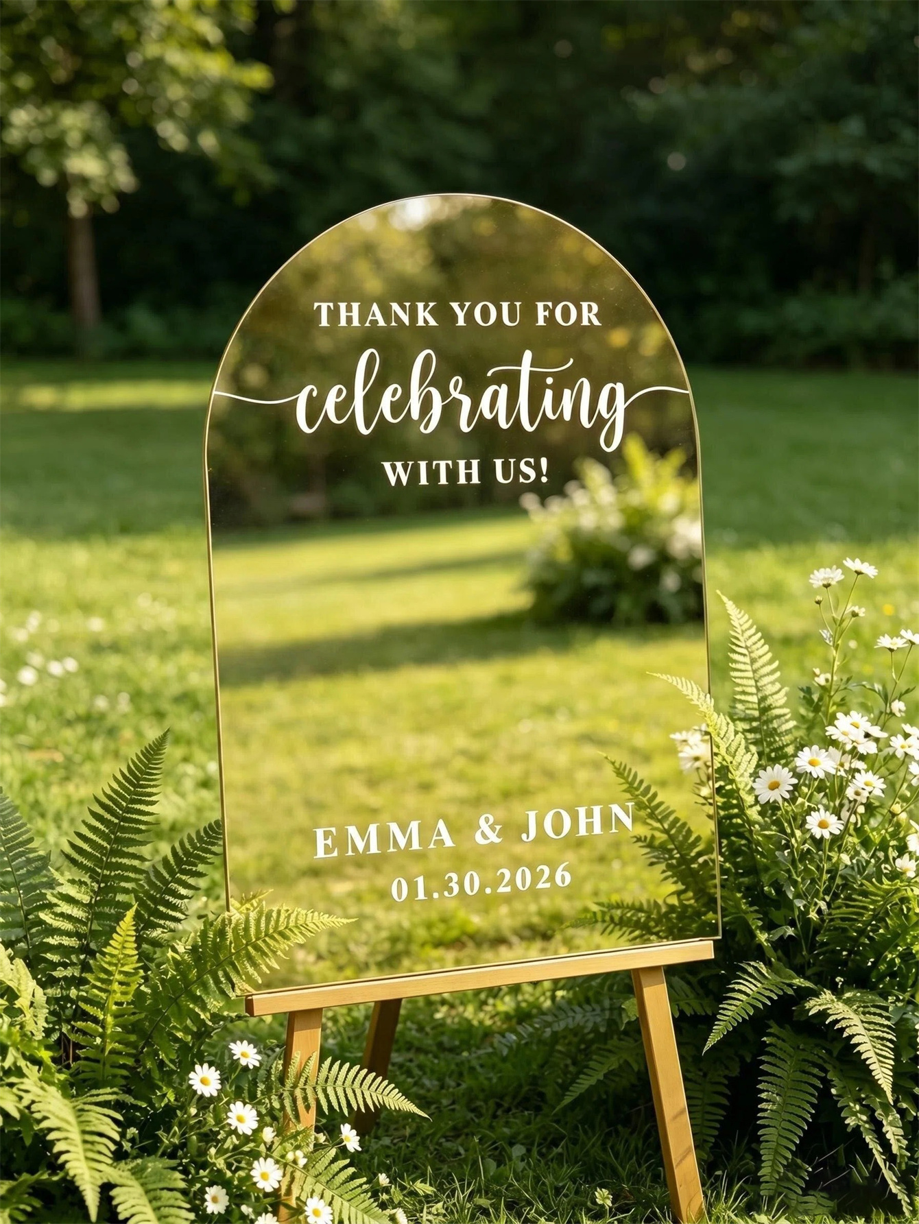 Mirror acrylic welcome signs, golden mirror wedding direction signs, custom wedding direction signs, ceremony welcome signs