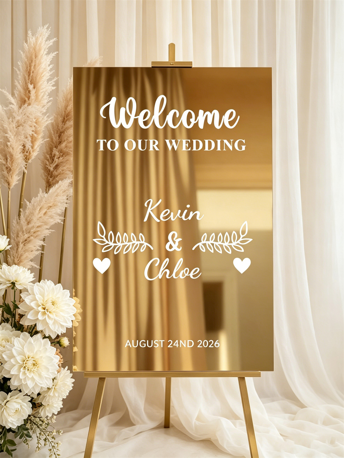 Mirror acrylic welcome signs, golden mirror wedding direction signs, custom wedding direction signs, ceremony welcome signs
