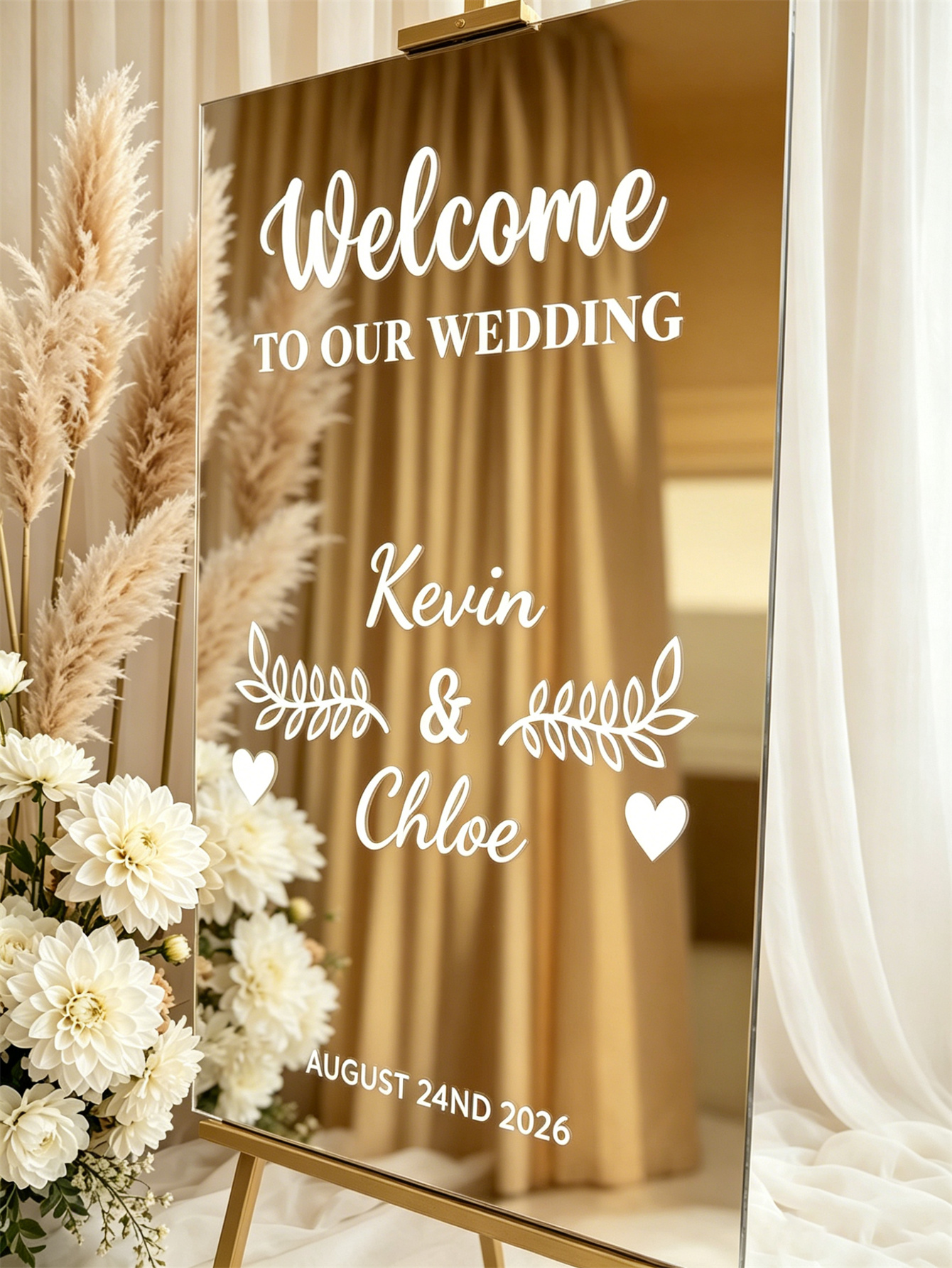 Mirror acrylic welcome signs, golden mirror wedding direction signs, custom wedding direction signs, ceremony welcome signs
