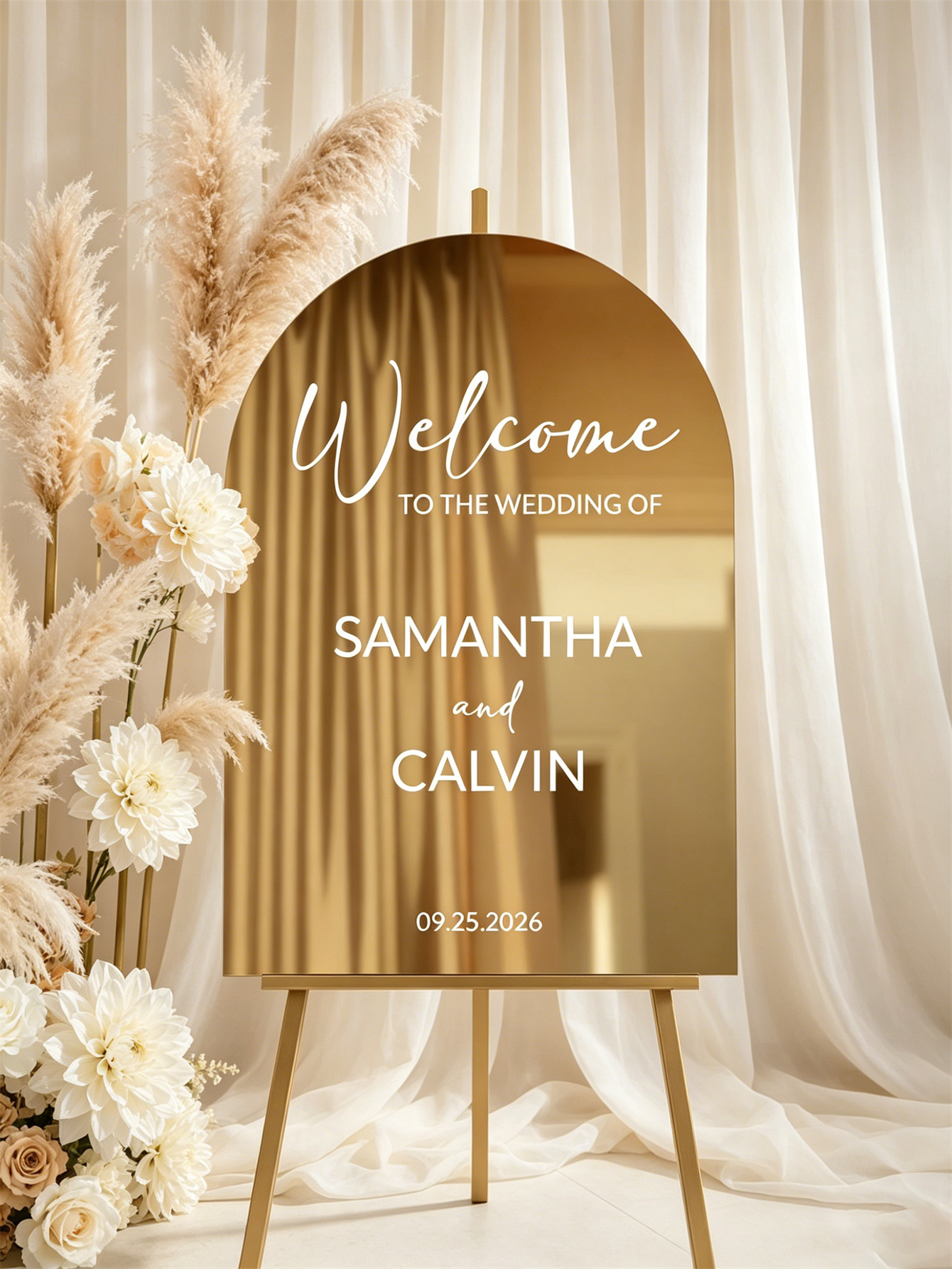 Mirror acrylic welcome signs, golden mirror wedding direction signs, custom wedding direction signs, ceremony welcome signs