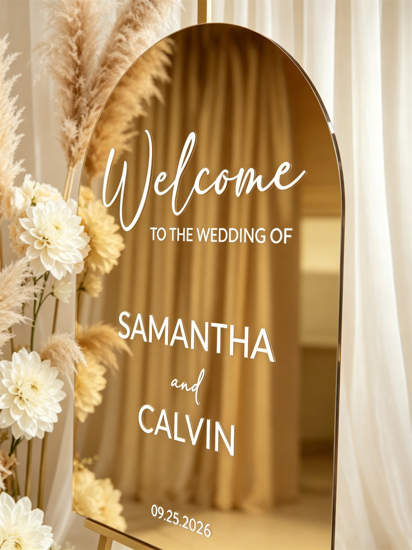 Mirror acrylic welcome signs, golden mirror wedding direction signs, custom wedding direction signs, ceremony welcome signs