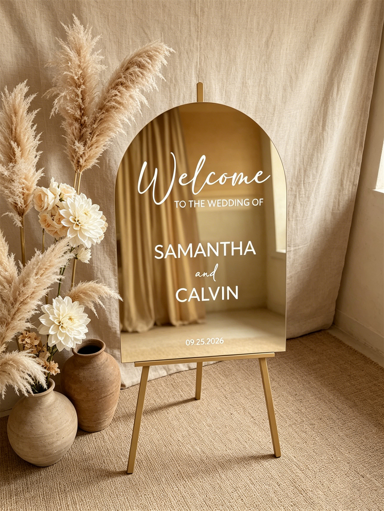 Mirror acrylic welcome signs, golden mirror wedding direction signs, custom wedding direction signs, ceremony welcome signs