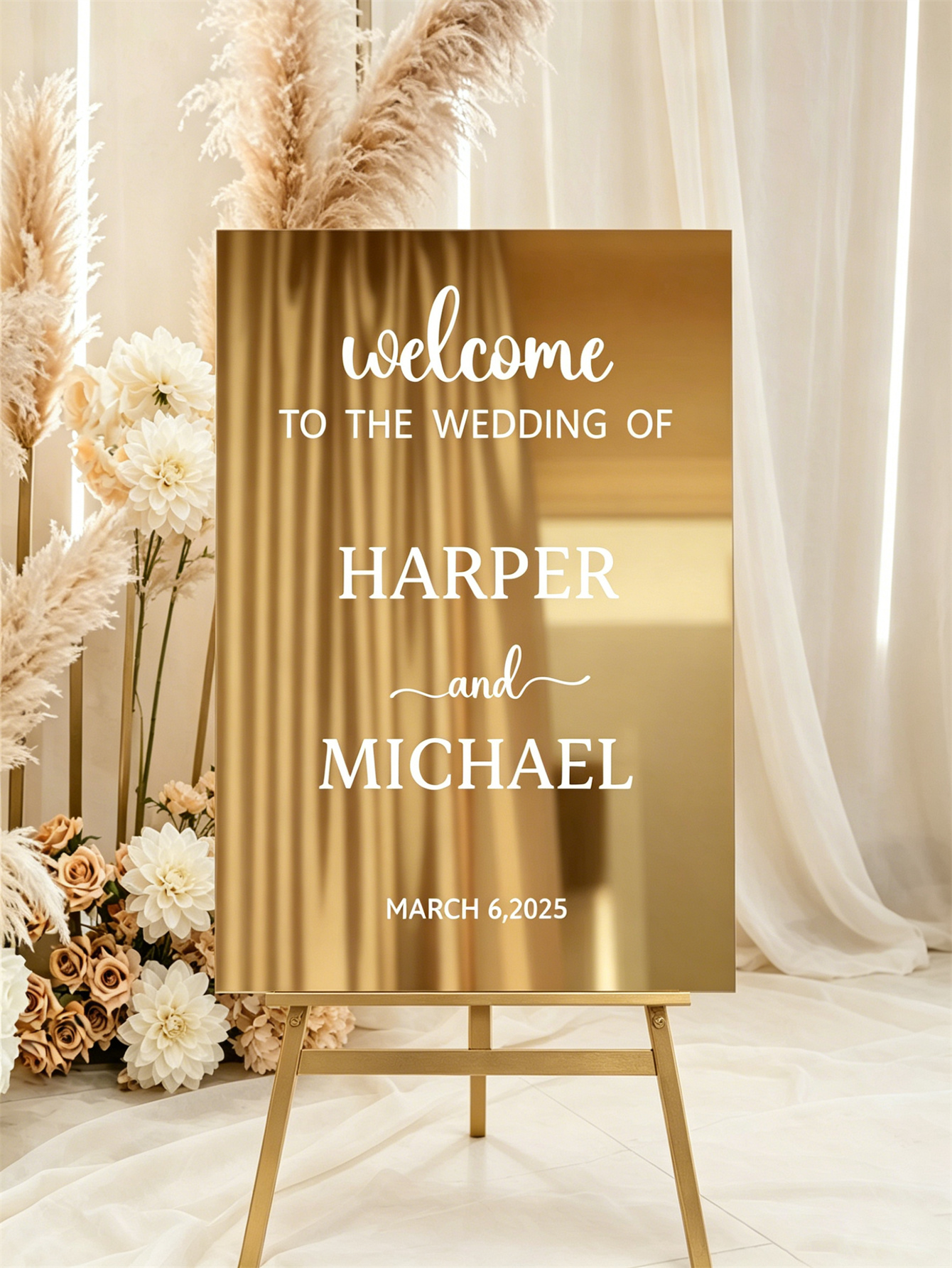 Mirror acrylic welcome signs, golden mirror wedding direction signs, custom wedding direction signs, ceremony welcome signs