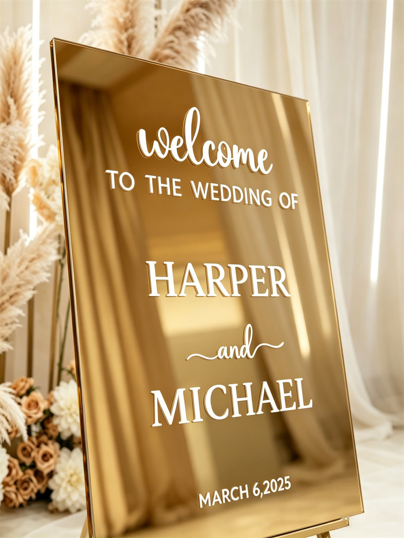 Mirror acrylic welcome signs, golden mirror wedding direction signs, custom wedding direction signs, ceremony welcome signs