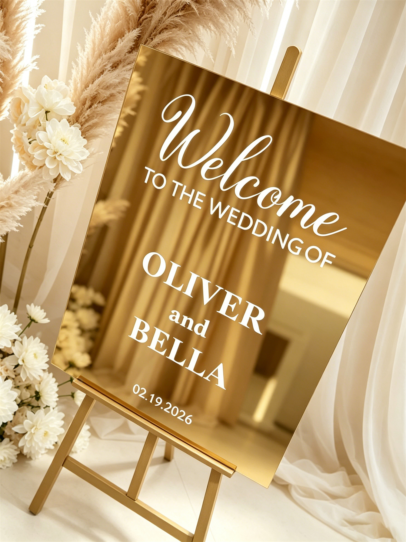 Mirror acrylic welcome signs, golden mirror wedding direction signs, custom wedding direction signs, ceremony welcome signs