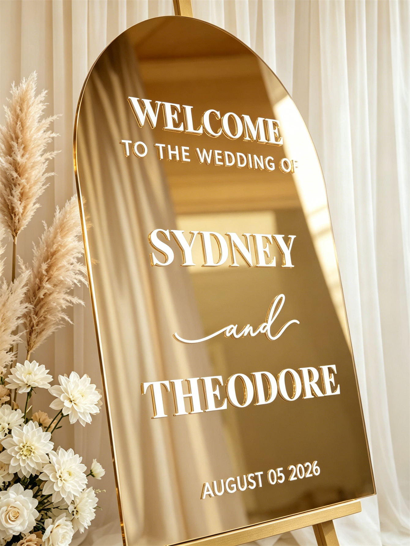 Mirror acrylic welcome signs, golden mirror wedding direction signs, custom wedding direction signs, ceremony welcome signs