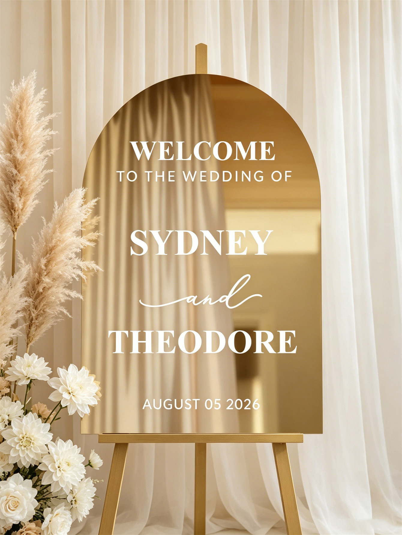 Mirror acrylic welcome signs, golden mirror wedding direction signs, custom wedding direction signs, ceremony welcome signs