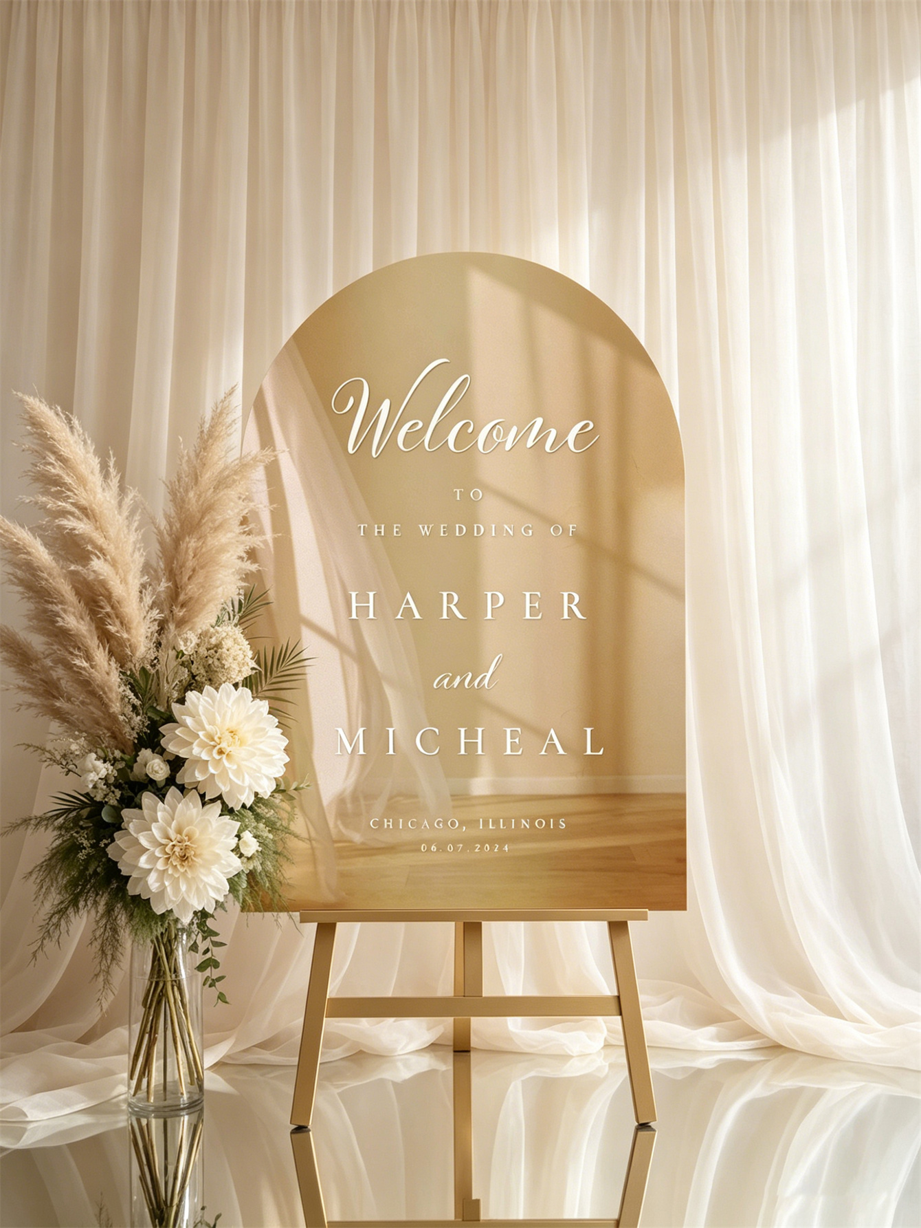 Mirror acrylic welcome signs, golden mirror wedding direction signs, custom wedding direction signs, ceremony welcome signs