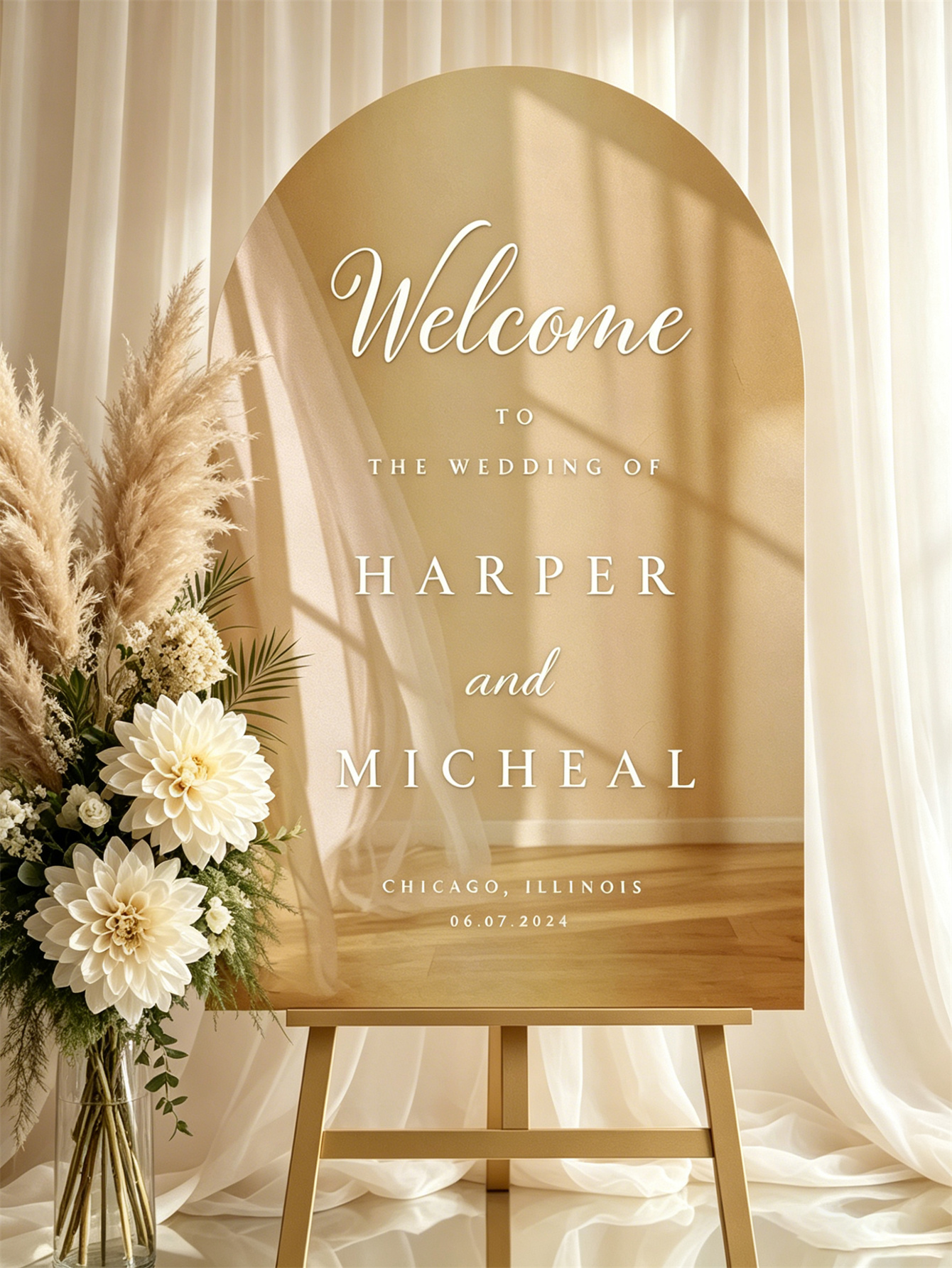 Mirror acrylic welcome signs, golden mirror wedding direction signs, custom wedding direction signs, ceremony welcome signs